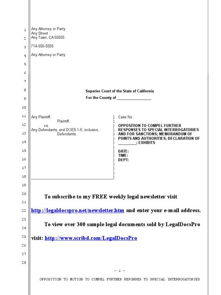 Sample Opposition To Motion To Compel Further Responses To