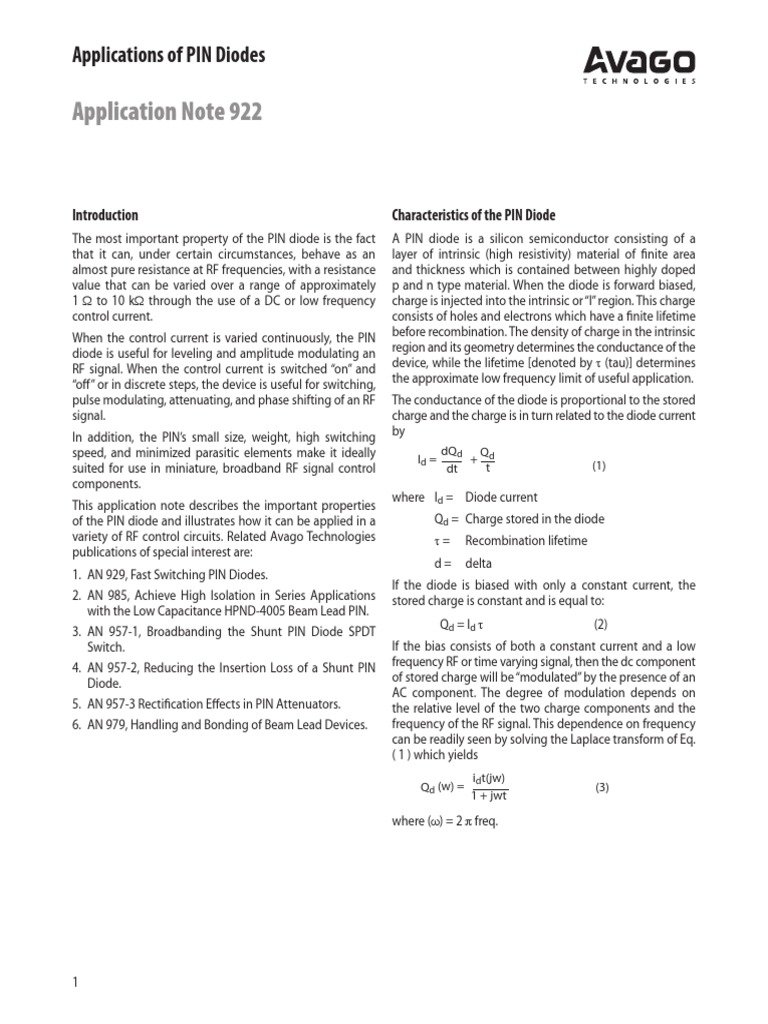 Application Note 922 Applications of PIN Diodes PDF Diode