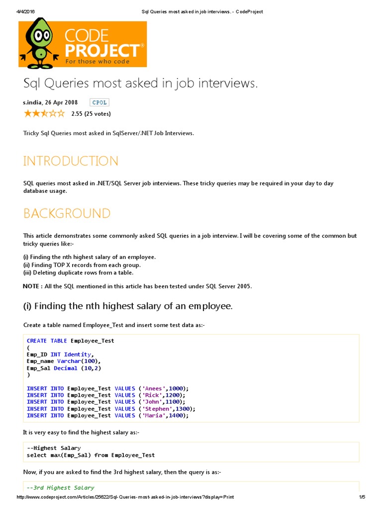 SQL Queries Most Asked In Job Interviews Table Database Sql