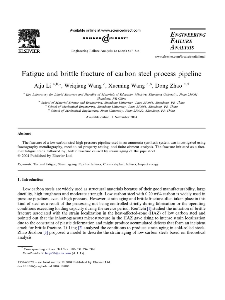 Fatigue and Brittle Fracture of Carbon Steel Process Pipeline PDF Fracture Ultimate