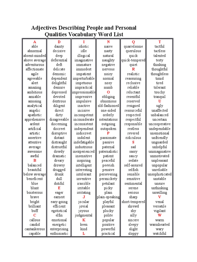 Adjectives Describing People and Personal Qualities 