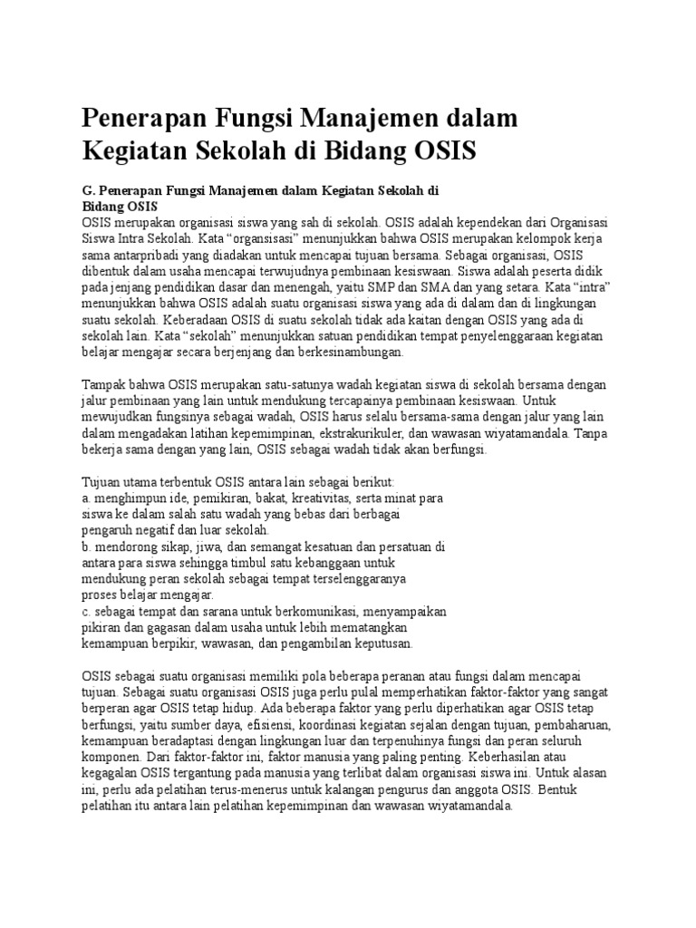 Penerapan Fungsi Manajemen Dalam Kegiatan Sekolah Di Bidang