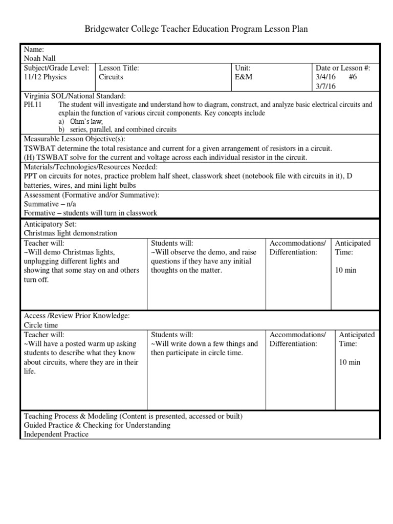 Physics Lesson Plan: Circuits for Grades 11-12 | PDF | Series And ...
