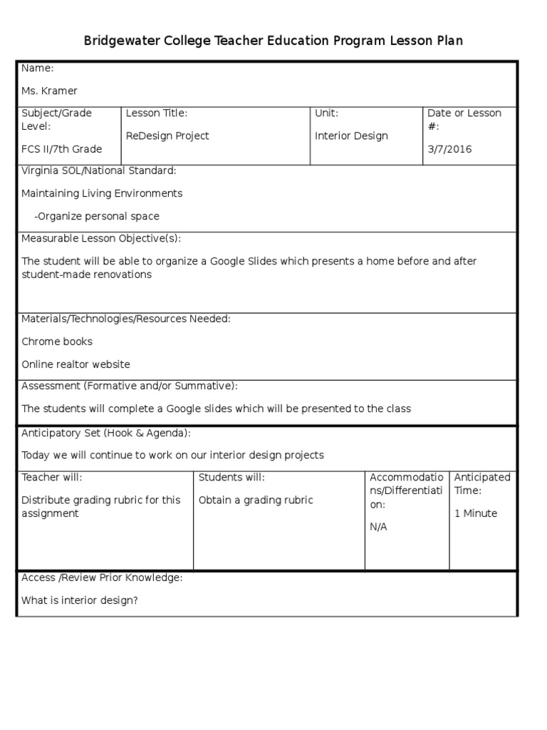 Bridgewater College Teacher Education Program Lesson Plan | PDF