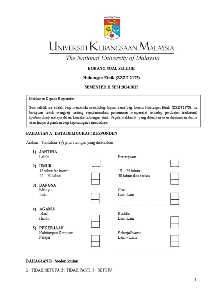 Contoh Soalan Soal Selidik Hubungan Etnik - Soalan q