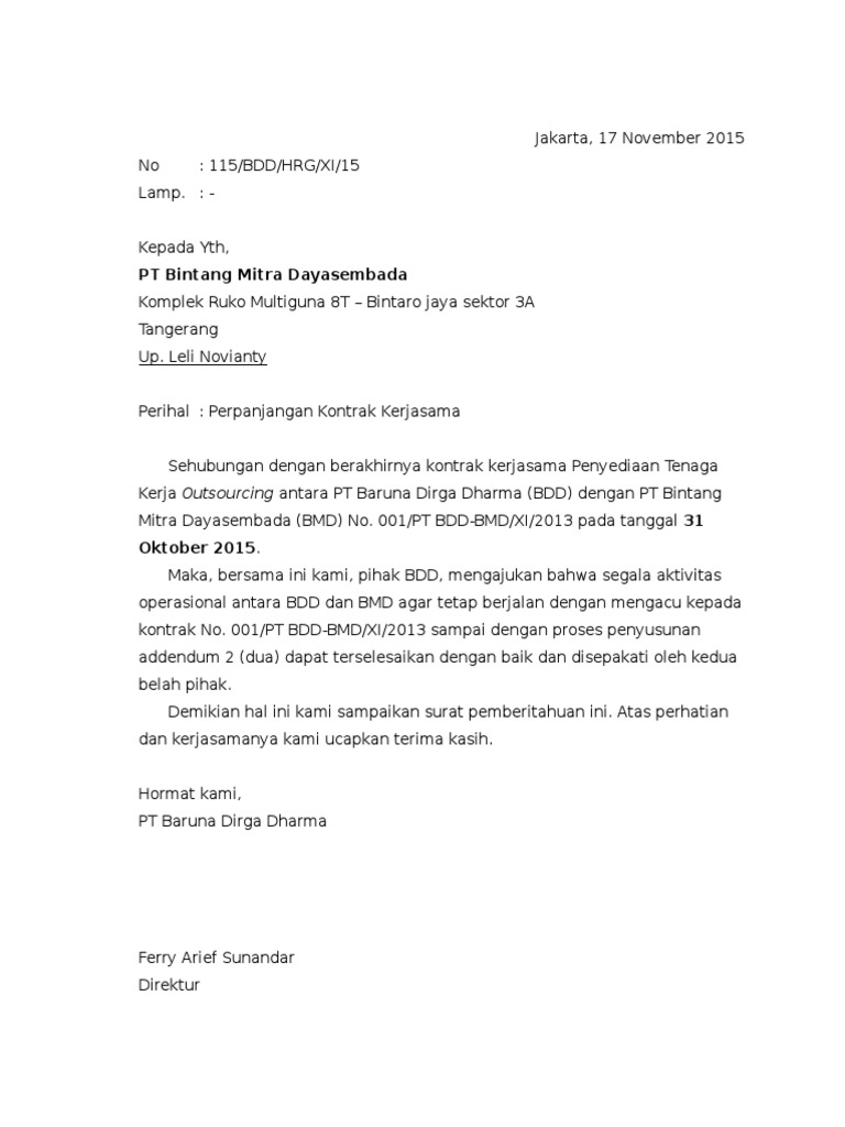 Surat Perpanjangan Kontrak Kerjasama - Bagikan Contoh