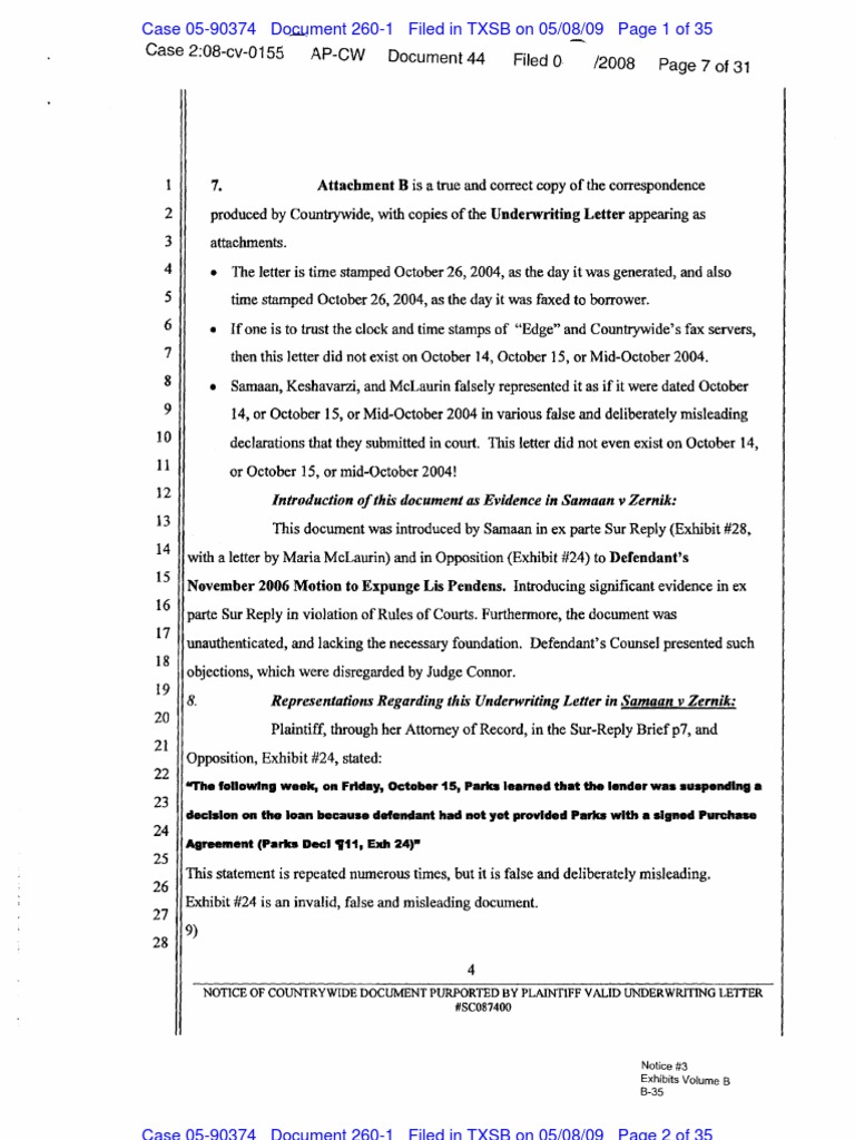 09 05 08 Case Of Borrower William Parsley 05 Dkt 260 Dr Joseph Zernik S Notice 3 Exhibit B Bank Of America Home Loans Common Law