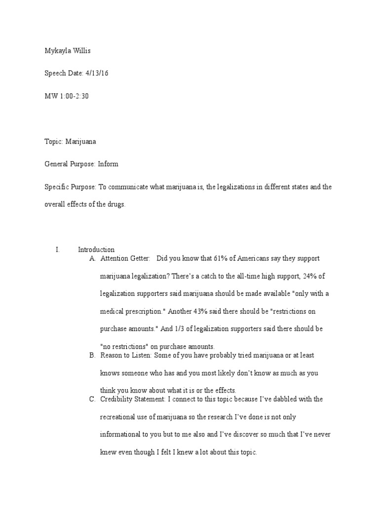 Informative Speech Outline Weed Pdf Medical Cannabis Cannabis Drug