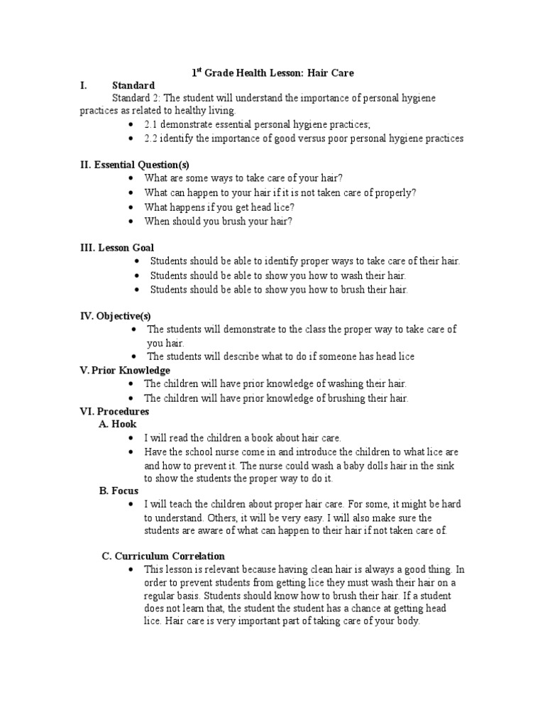 lesson plan for hair care Hair Care Hygiene