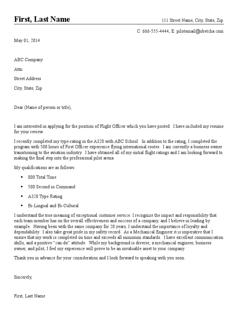 Sample Pilot Cover Letter Aeronautics Aviation