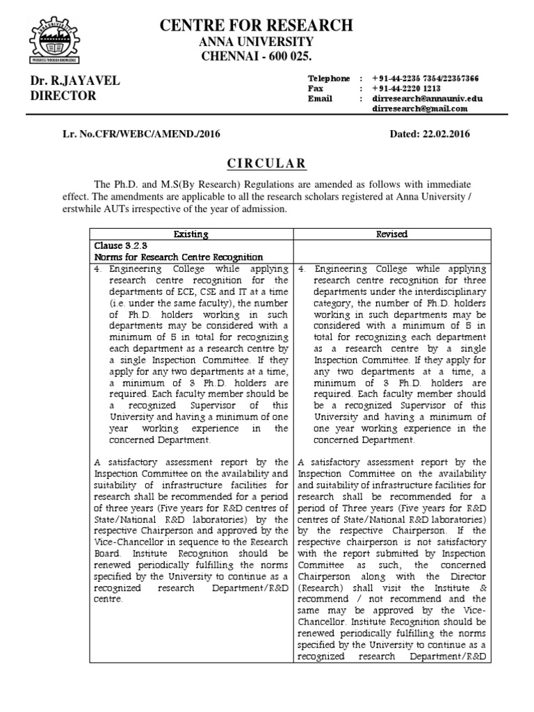 Amendments to Ph.D. Regulations at Anna University | PDF | Thesis ...