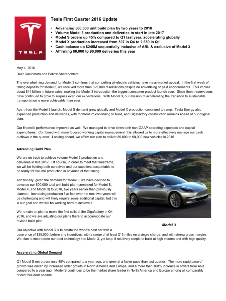 Tesla Q1 2016 Shareholder Update | PDF | Tesla Model S | Revenue