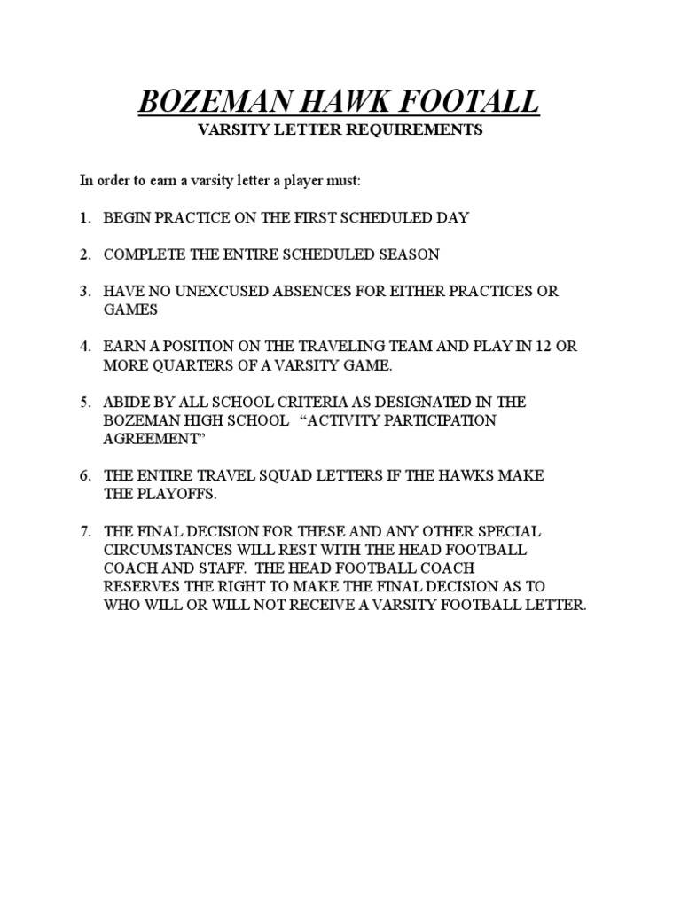 Varsity Football Letter Criteria | PDF