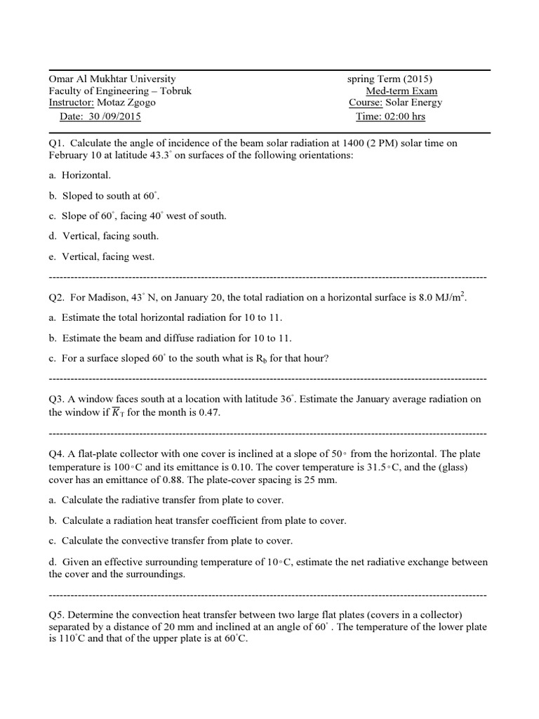 Solar Energy Exam Questions and Solutions | PDF