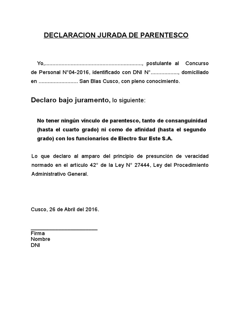 Declaracion Jurada de Parentesco - 2 | PDF