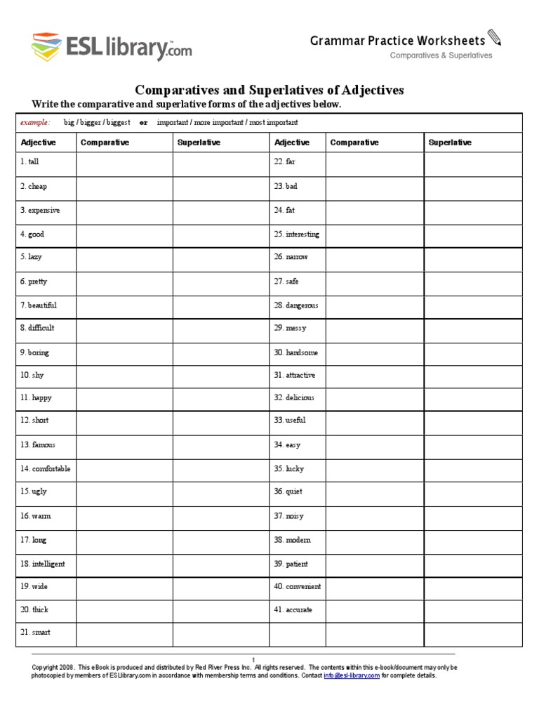 Comparative And Superlative Adjectives Exercises Pdf Esl Library