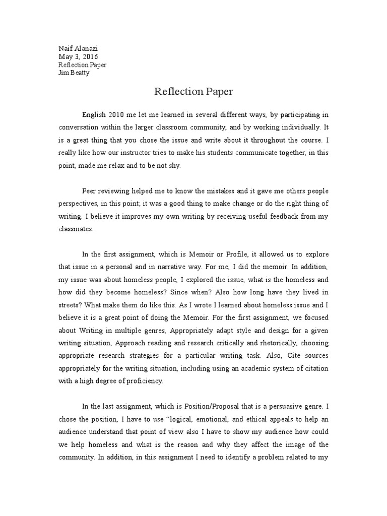 example of an analytical reflection paper