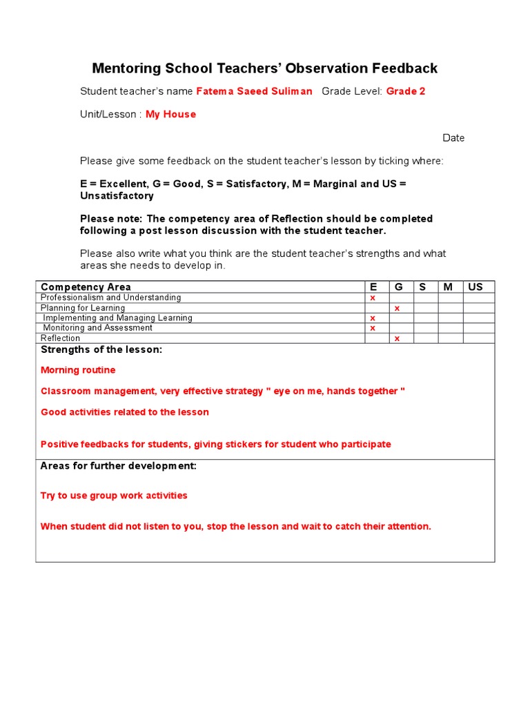 Teacher Observation Feedback for Mentoring | PDF