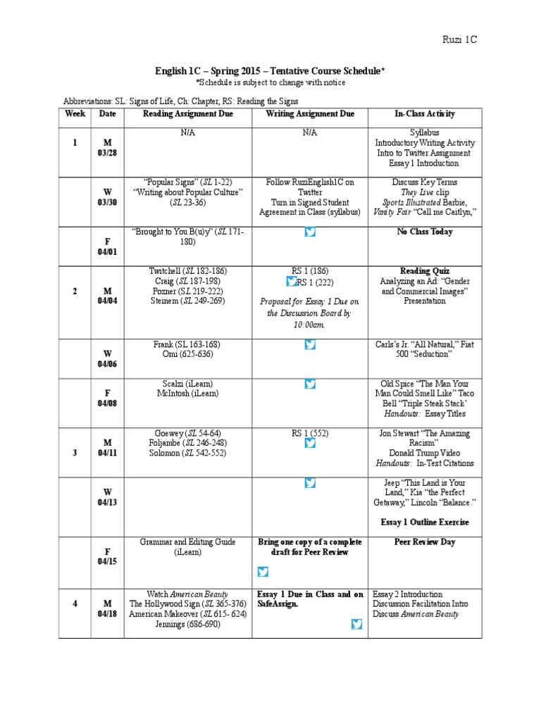 English 1C Spring 2015 Course Schedule | PDF