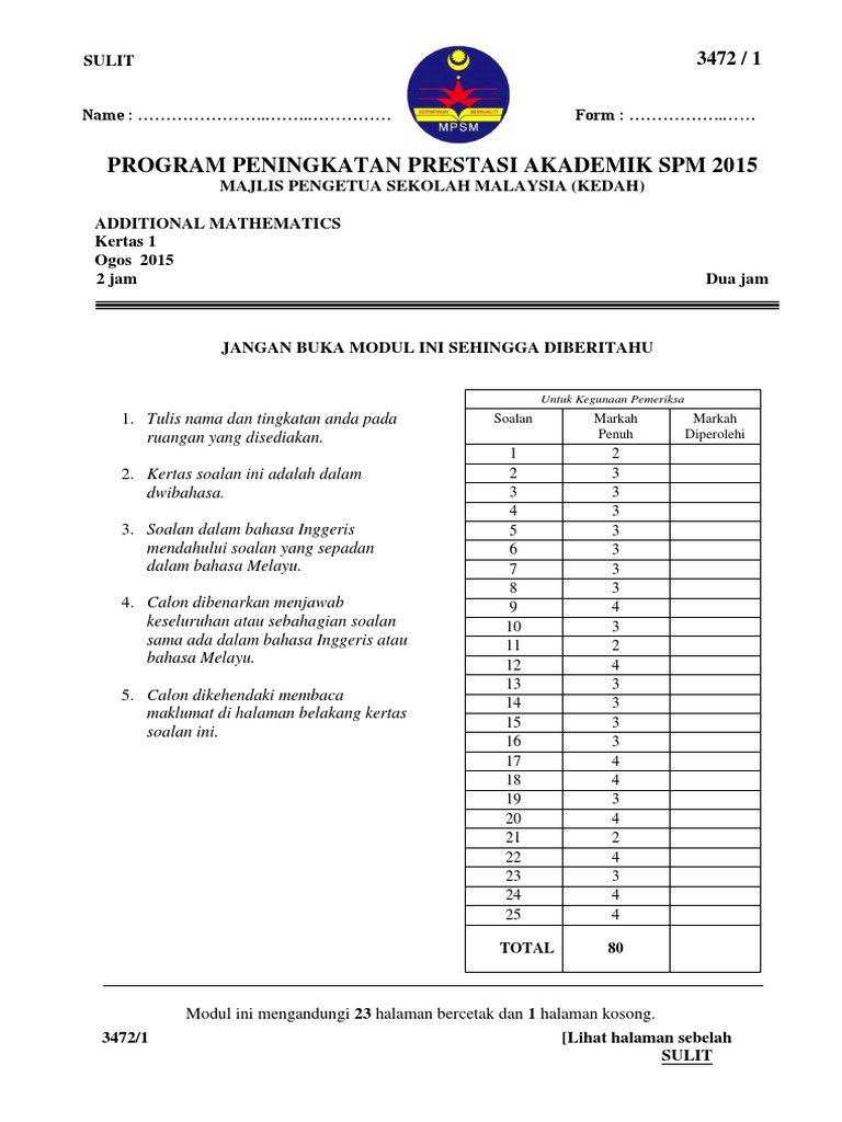 P1+P2+Skema 2015 Kedah Add Math | PDF