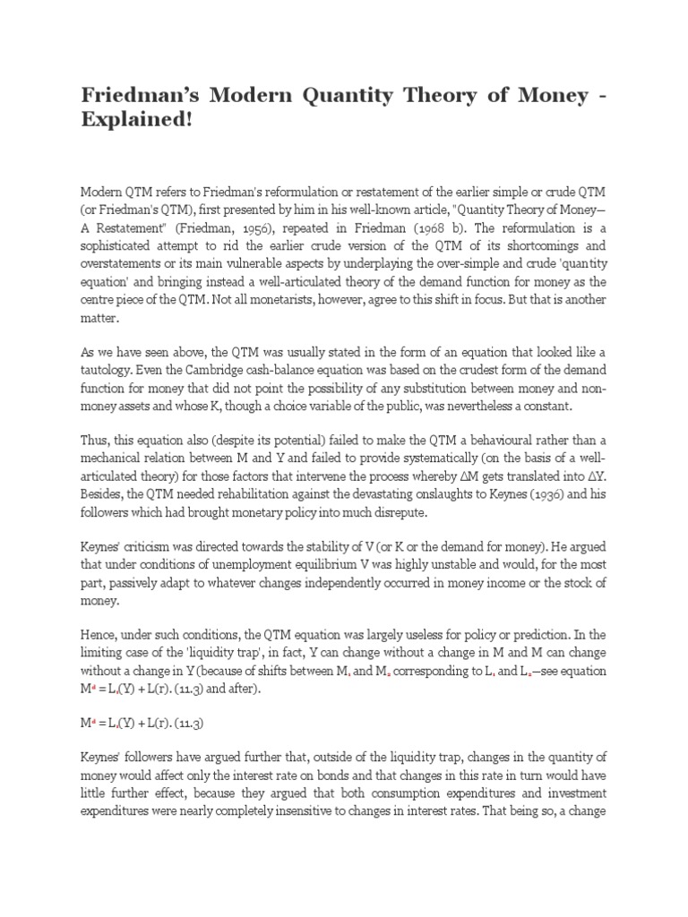Friedman's Modern Quantity Theory Explained | PDF | Quantity Theory Of ...
