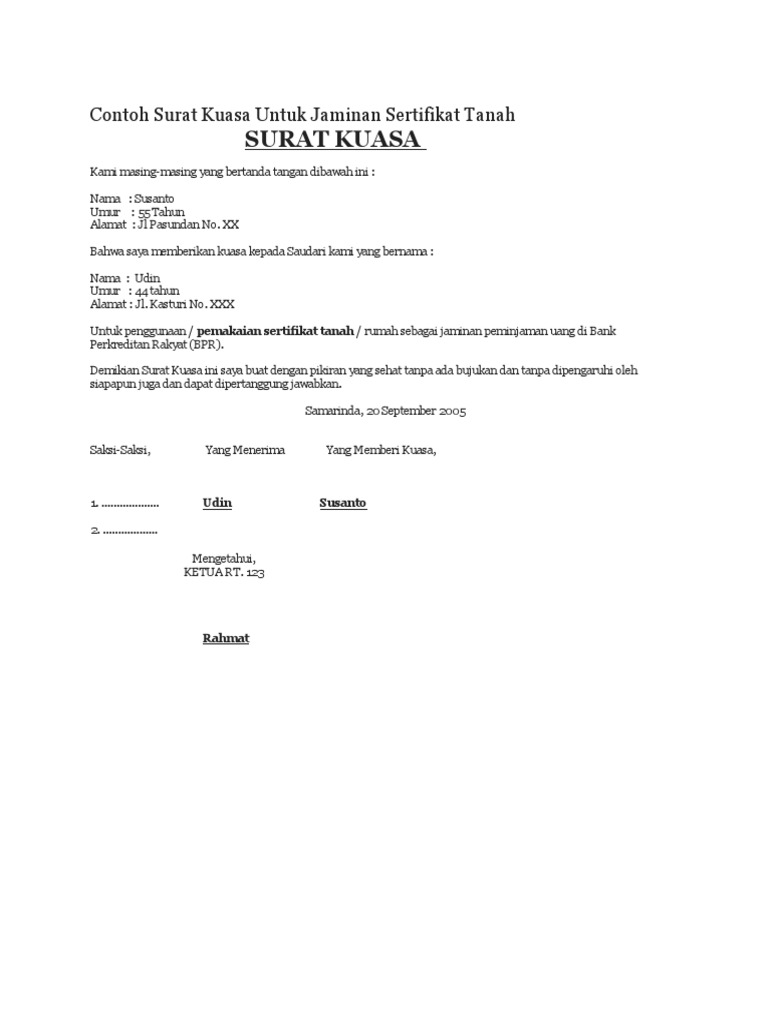 Contoh Surat Kuasa Sertifikat Tanah Untuk Jaminan Bank