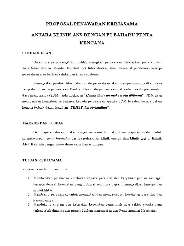 Contoh Proposal Kerjasama Rumah Sakit Dengan Perusahaan