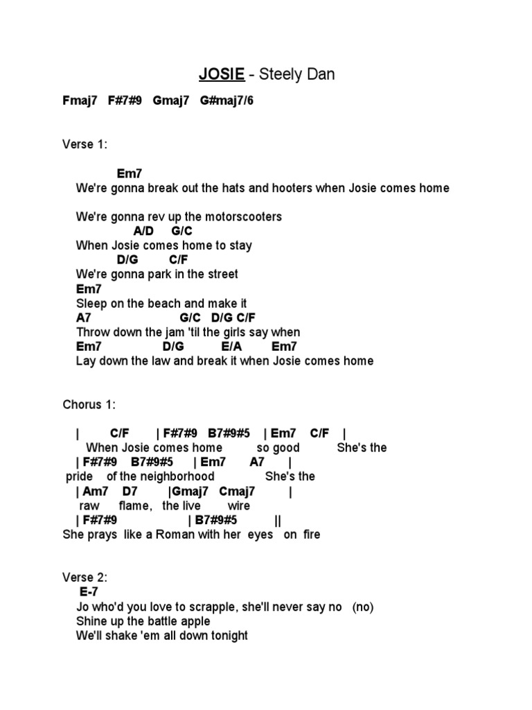 Josie Chord Chart with Lyrics Steely Dan Song Structure Music Theory