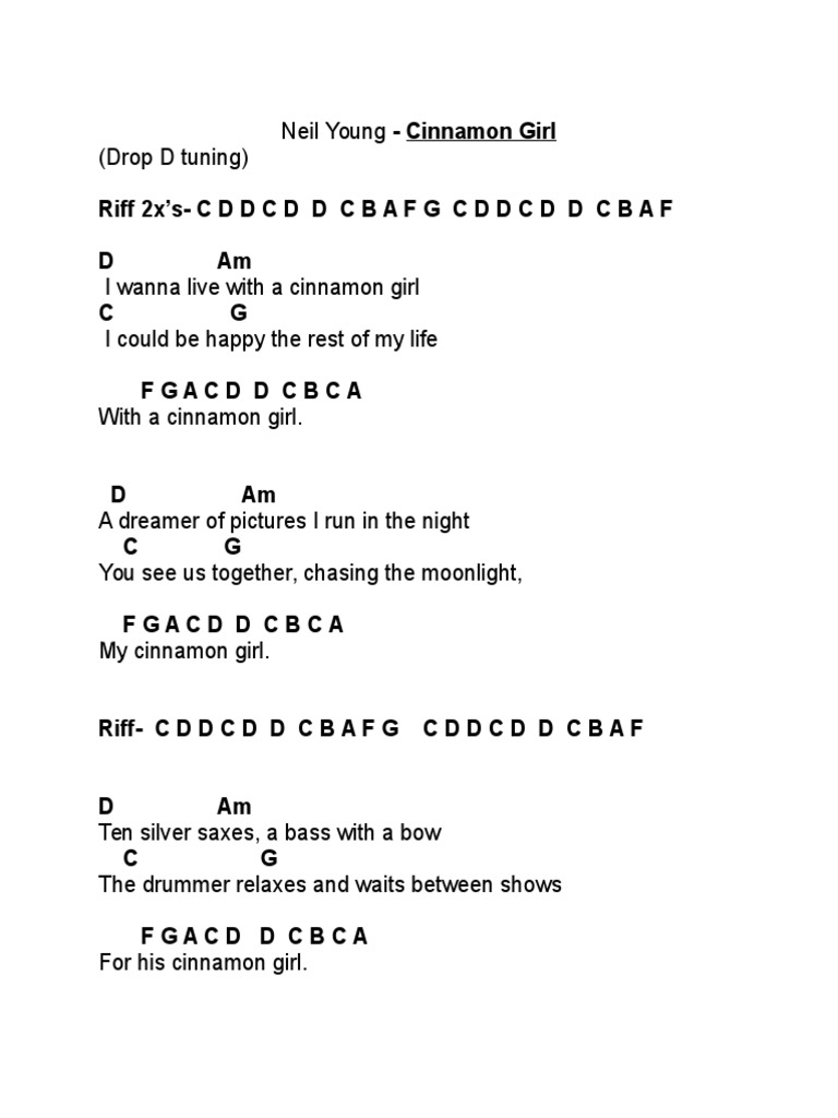 Cinnamon Girl Chord Chart PDF Recorded Music Songs