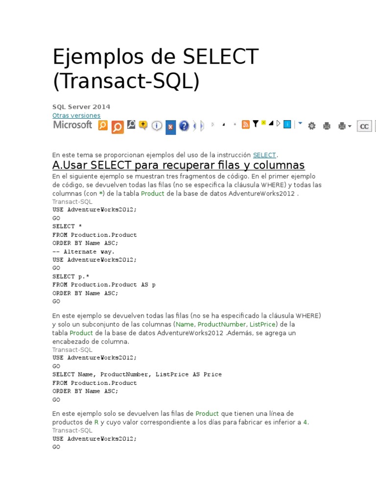 Ejemplos de SELECT sql | Servidor SQL de Microsoft | Tabla (base de datos)