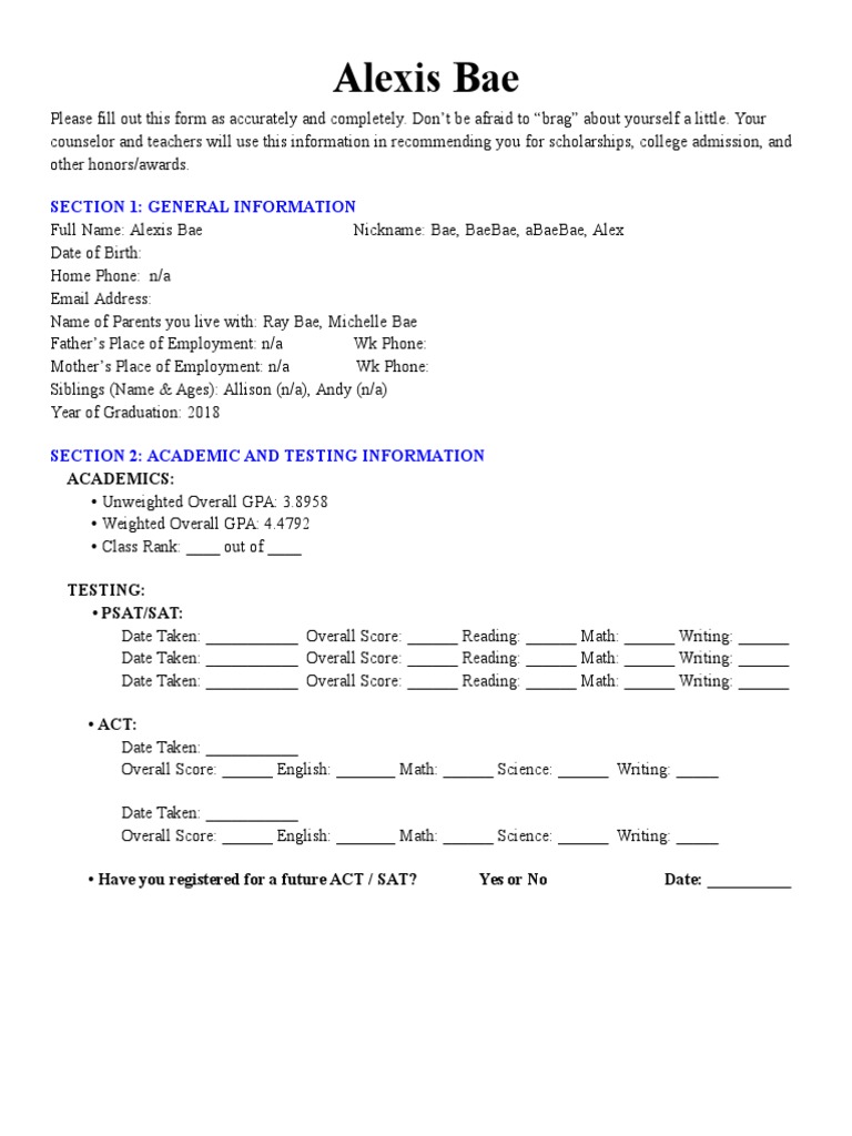 alexisbaebragsheet 1 | Sat | Act (Test)