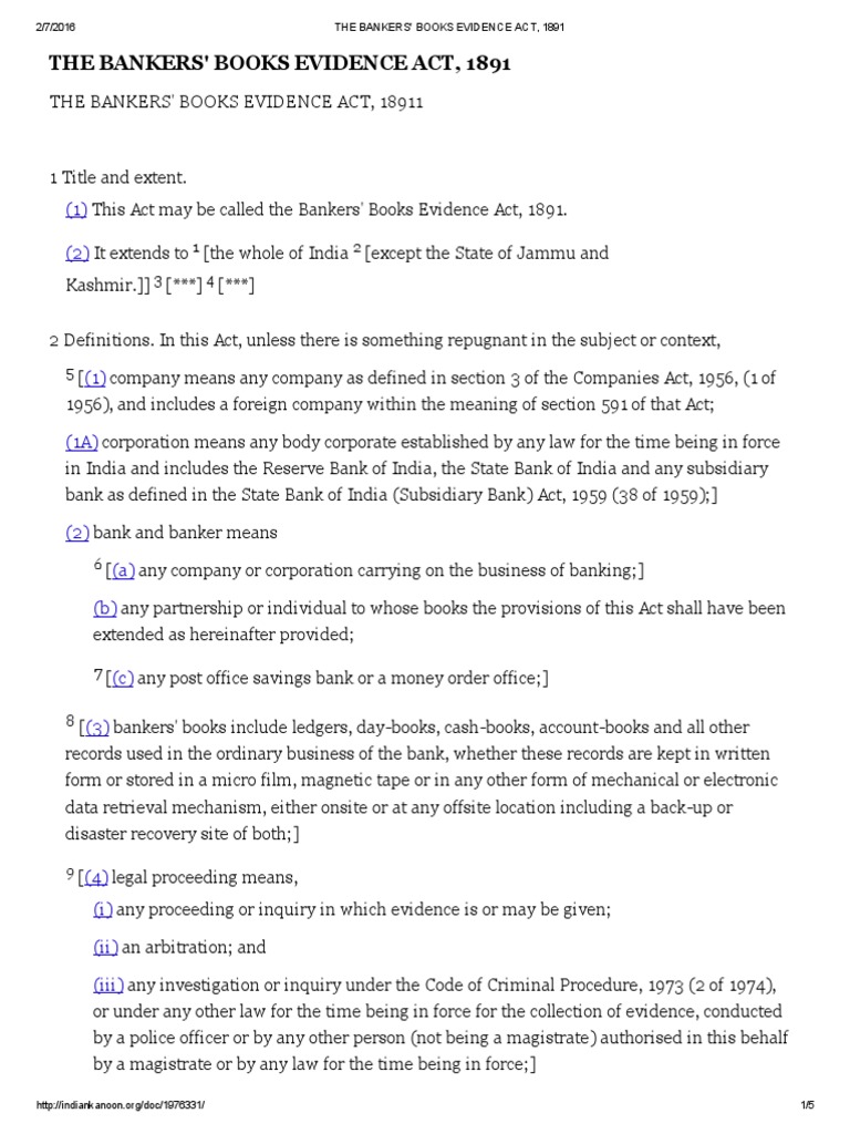 The Bankers' Books Evidence Act, 1891 PDF Evidence Banks