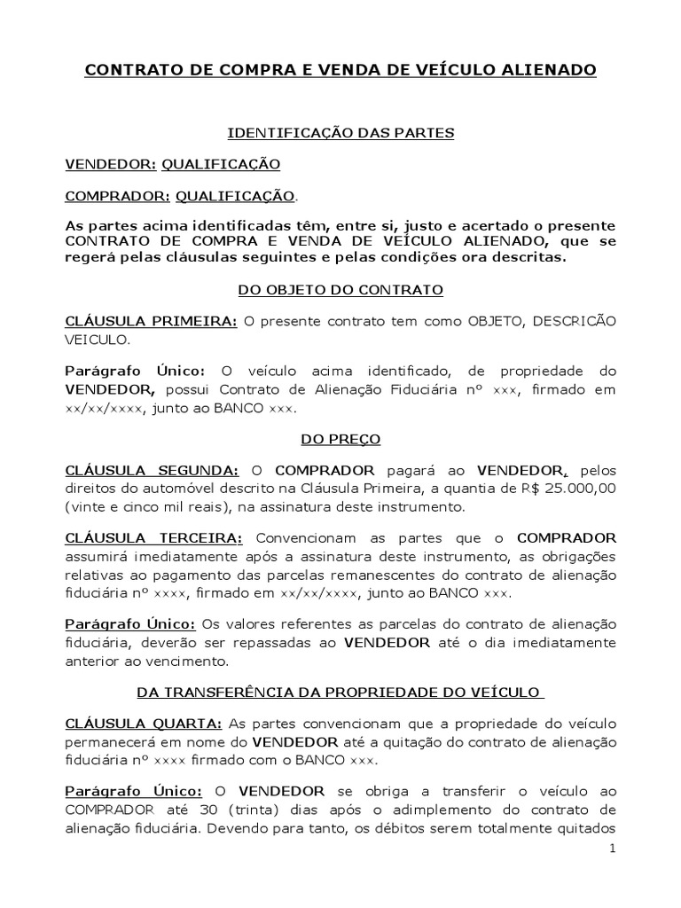 Modelo Contrato De Compra E Venda De VeÍculo Alienado Business Política