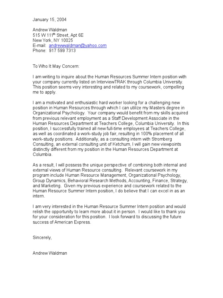 American Express Cover Letter Human Resources Industrial And