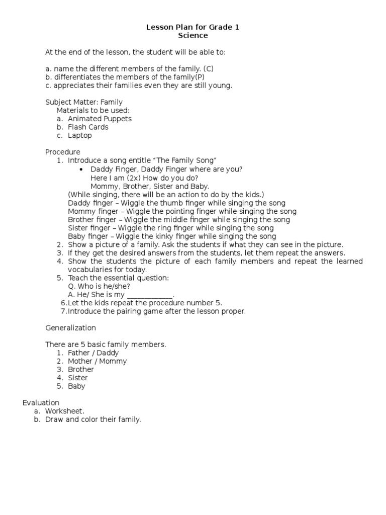 Lesson Plan for Grade 1