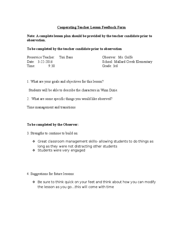 Cooperating Teacher Lesson Feedback Form-Read 3226 | PDF