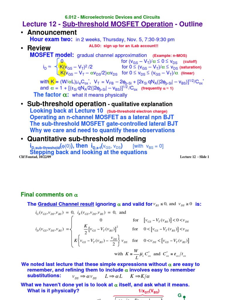 MIT Subthreshold Operation PDF Field Effect Transistor Mosfet