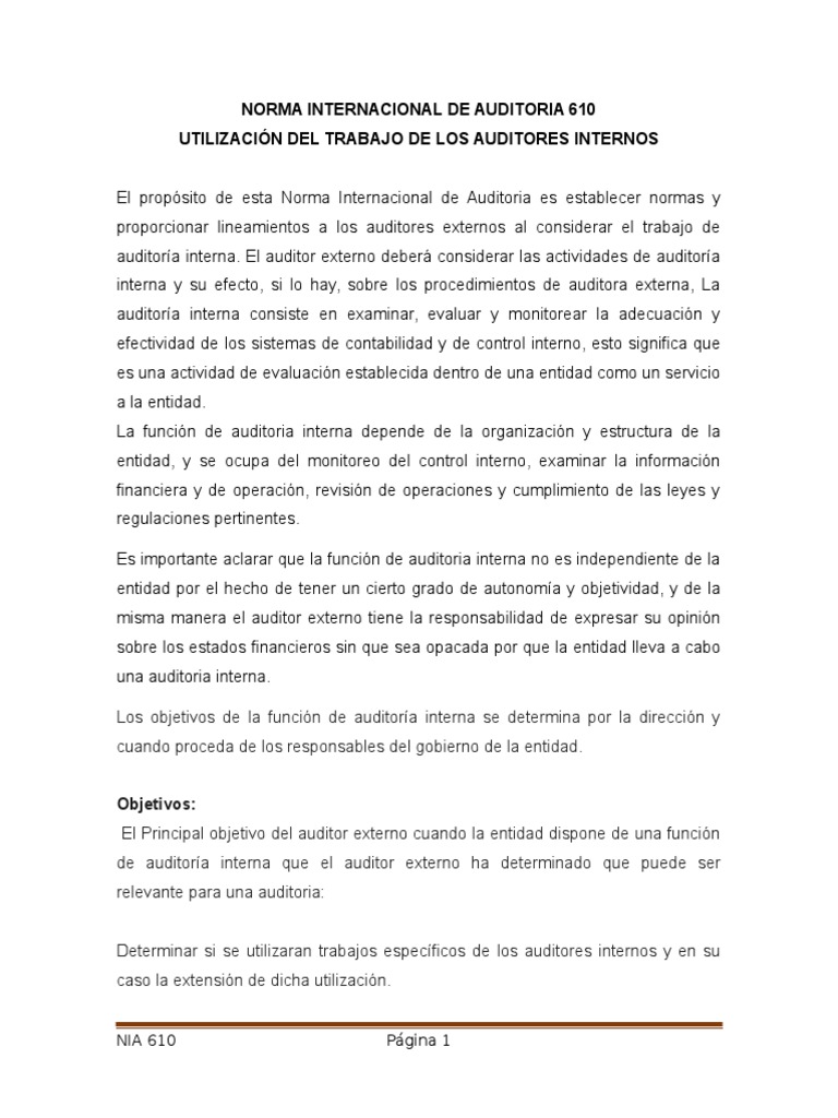 NIA 610 Contralor, auditor Auditoría financiera