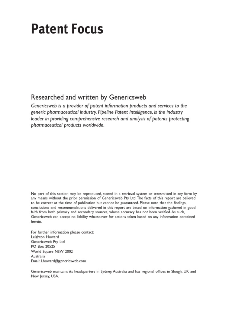 Formulations Patents in Pharmaceutical Development Generic Drug Patent