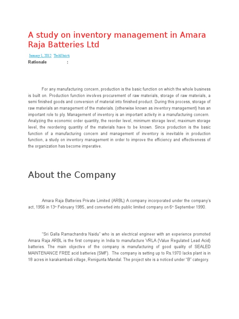 Inventory Management at Amara Raja Batteries | PDF | Inventory | Business