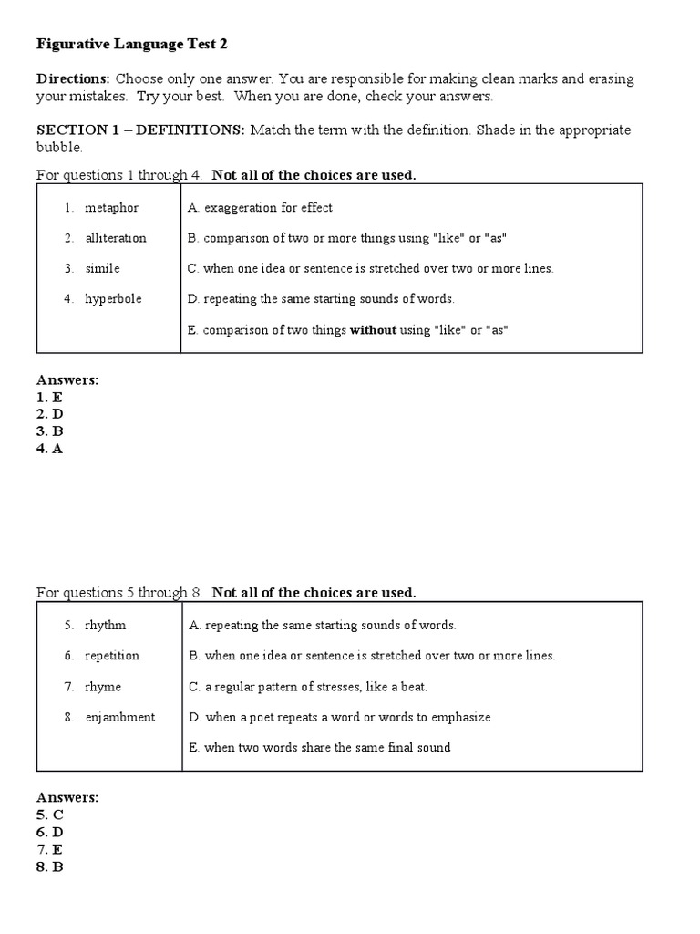 Figurative Language Test and Answers | PDF | Metaphor | Poetry