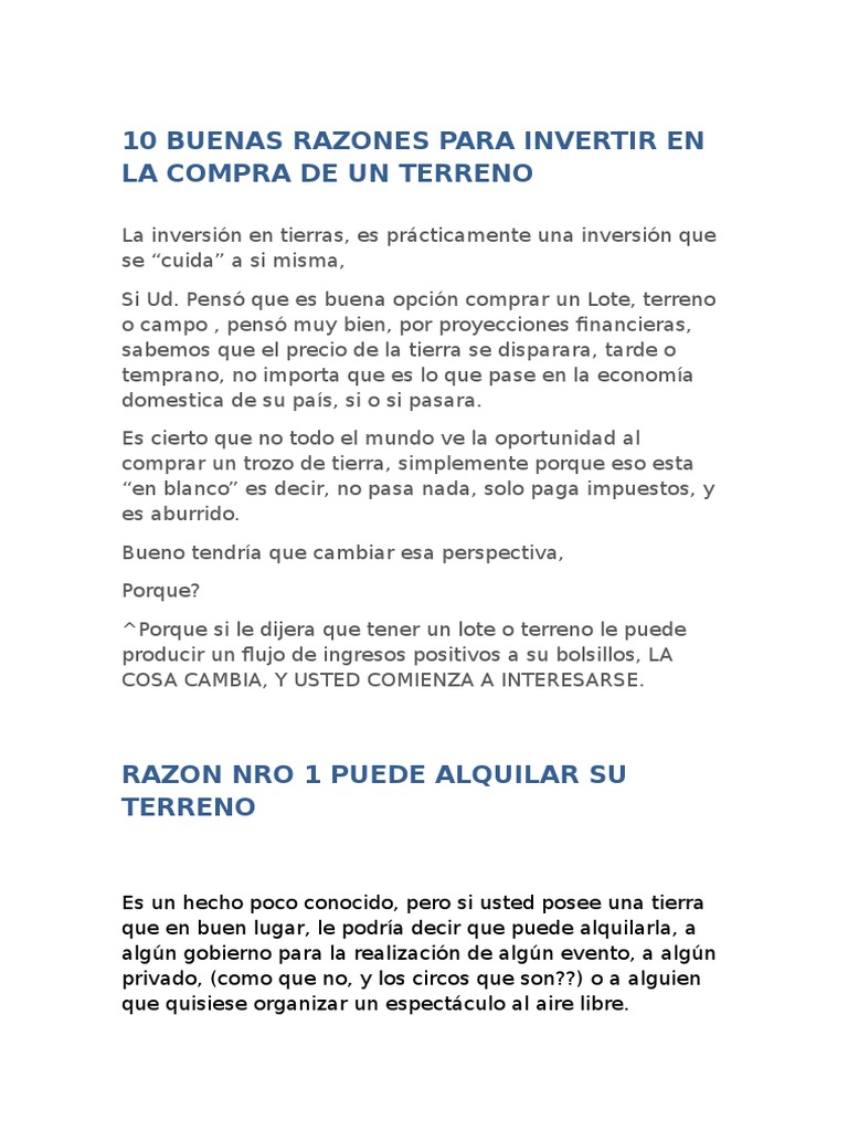 10 Buenas Razones para Invertir en La Compra de Un Terreno | PDF ...