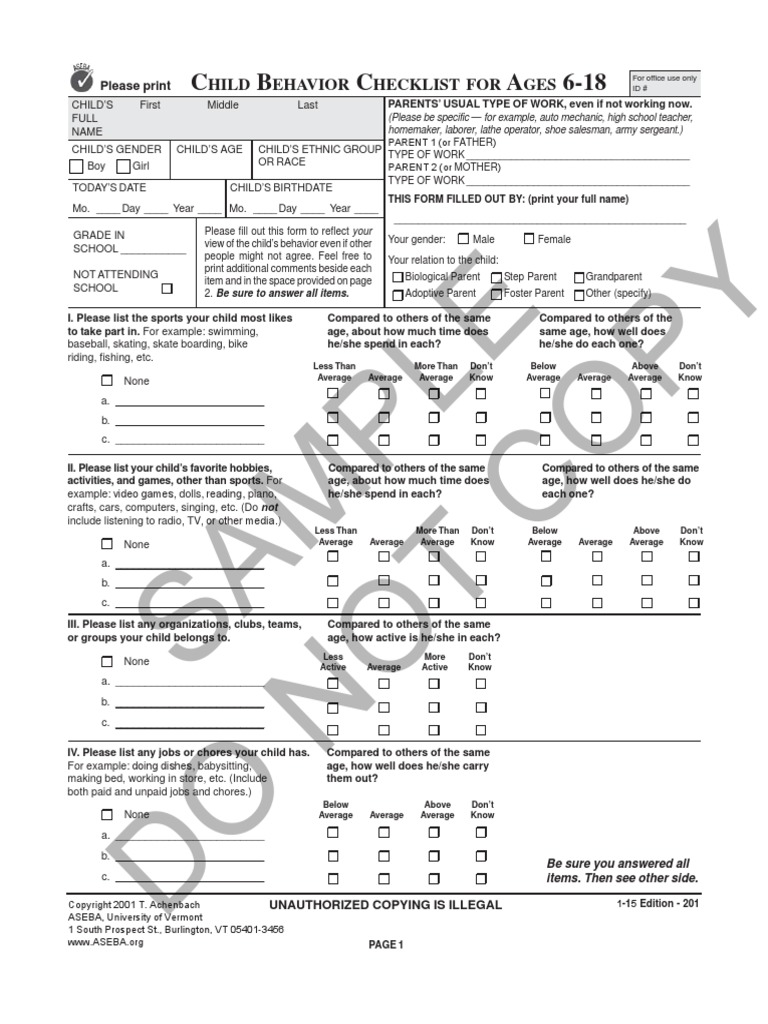 Child Behavior Check List (CBCL) Parent Relationships & Parenting