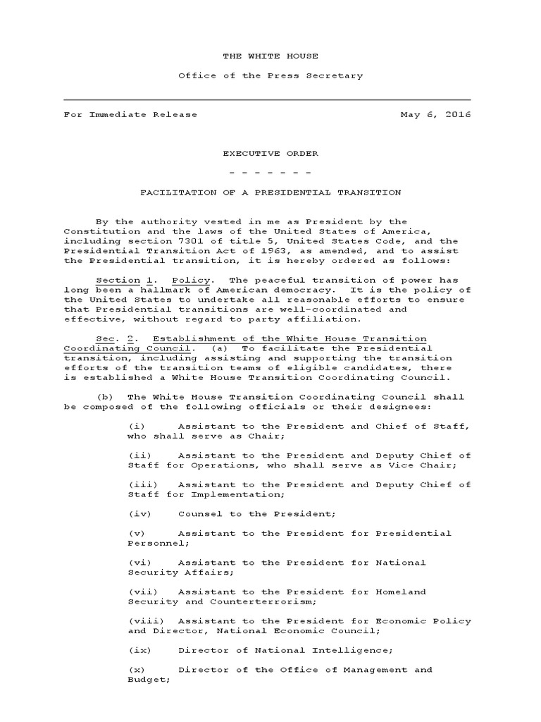 Obama Executive Order 2017 Presidential Transition Assembly PDF