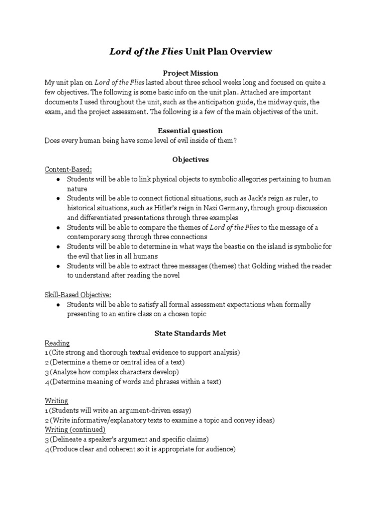 Lord of the Flies Unit Plan Overview | PDF | Educational Assessment ...