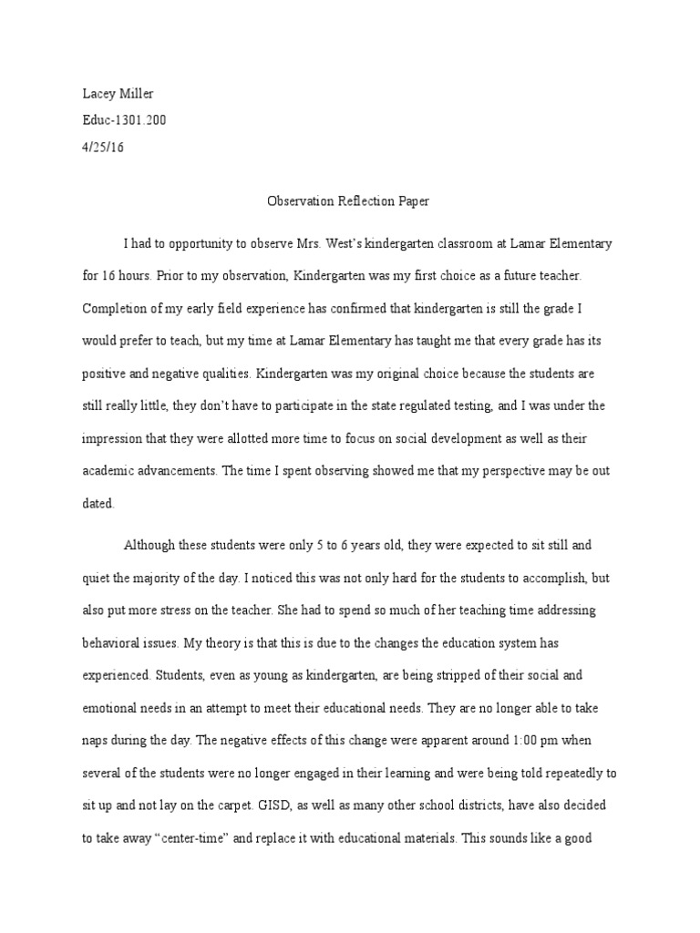 observation reflection Kindergarten Teachers