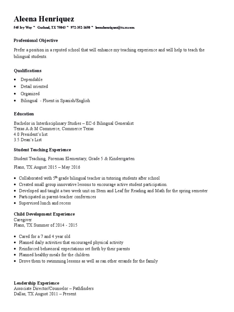 Bilingual Teacher Resume | PDF | Career & Growth | Language Arts ...