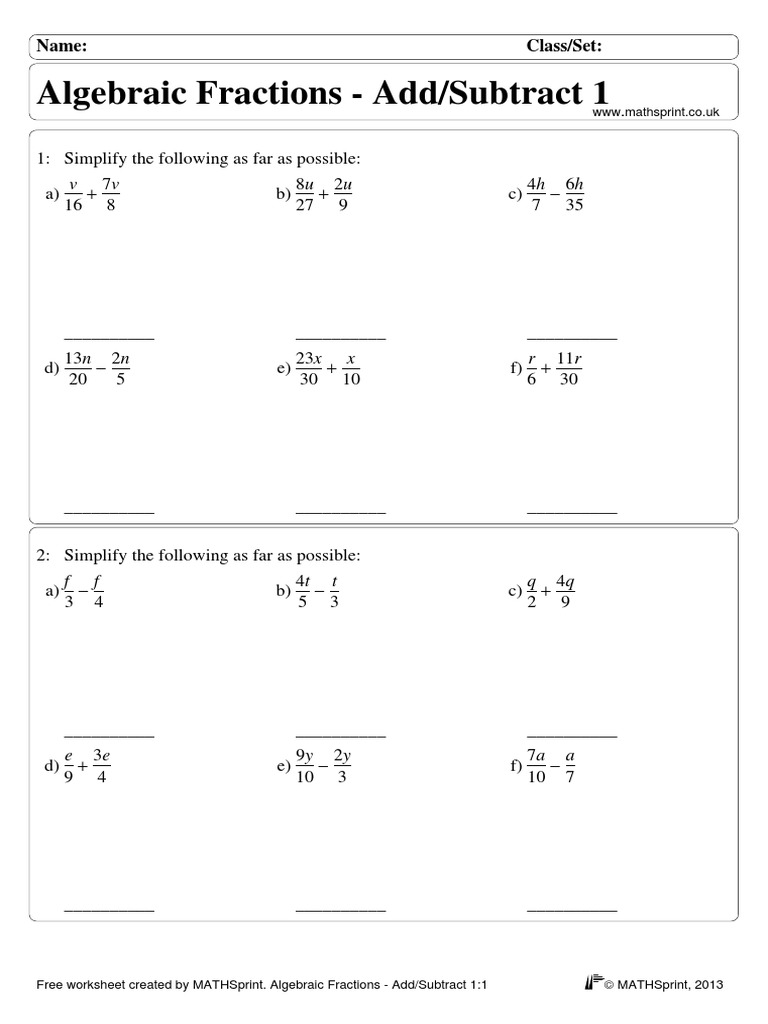 A Algebraic Fractions Add Subtract 1 | Pdf | Abstract Algebra | Teaching Mathematics