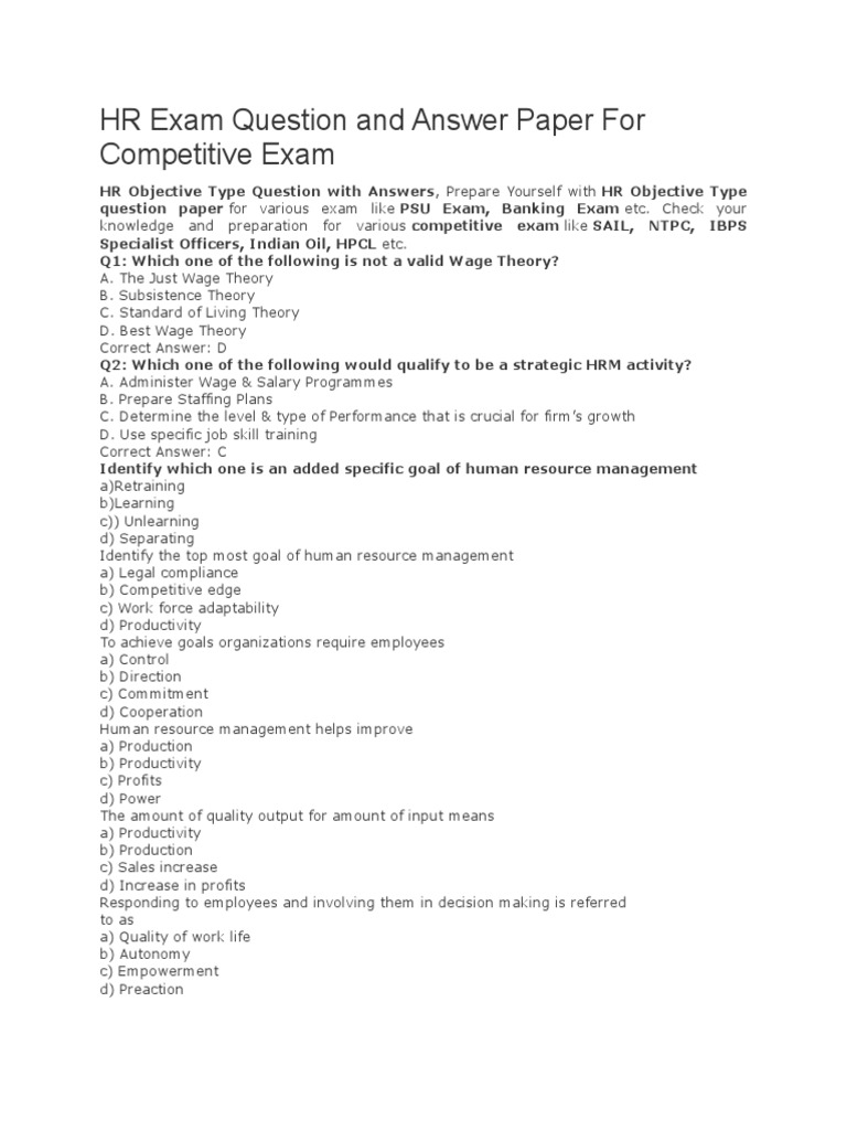 HR Exam Question and Answer Paper For Competitive Exam Human Resource