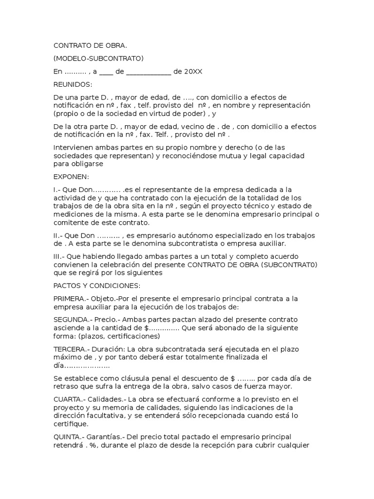 Contrato de Subcontrato | PDF | Pagos | Outsourcing